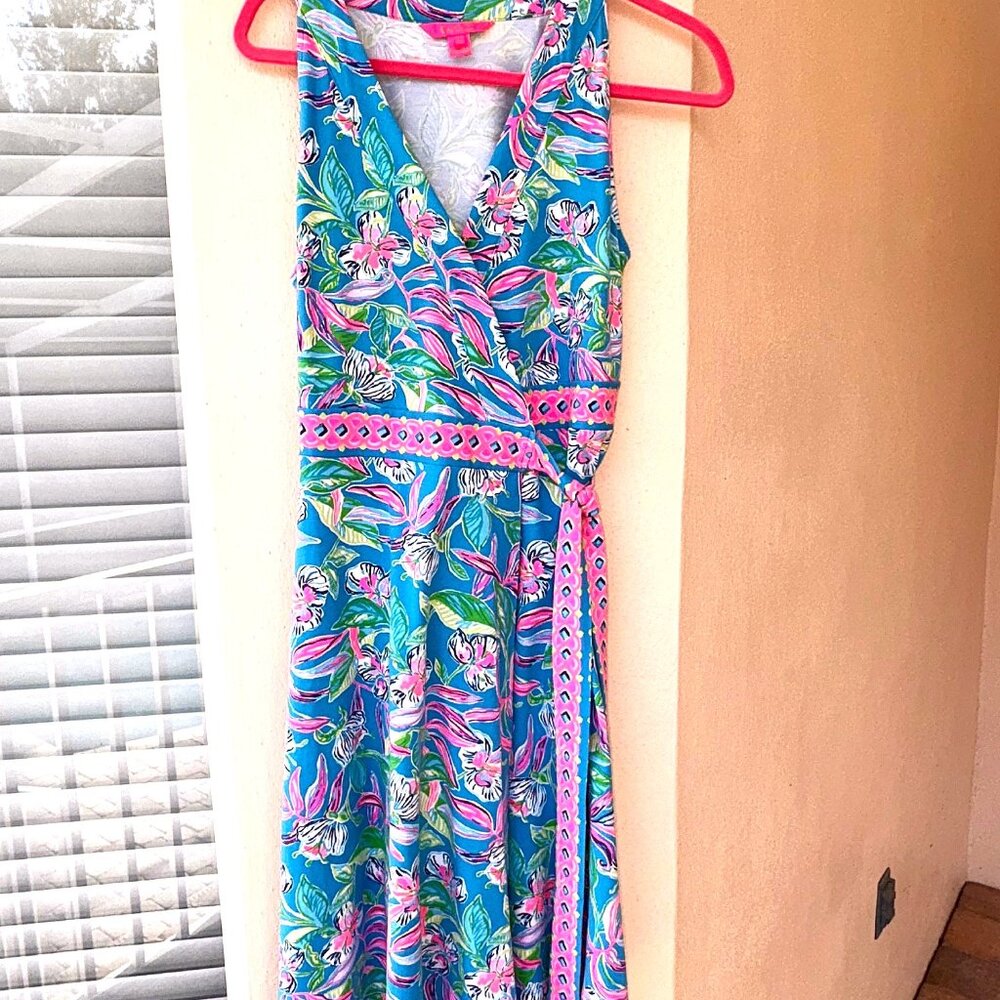 Lilly Pulitzer Clancie Wrap Dress Medium Formentera Turquoise Keep on Beleafing - Picture 3 of 12